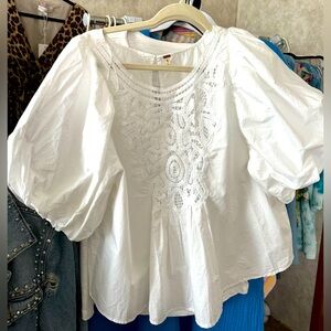 Free People White Embroidered Blouse L